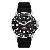 Fossil Men's Blue GMT Stainless Steel and Silicone Dual Time Watch, Color: Black Silicone (Model: FS6036)