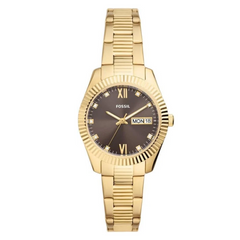 FOSSIL SCARLETTE CASUALQUARTZ/3 HAND DAY-DATE STAINLESS STEEL GOLD CASE STAINLESS STEEL BAND WOMENS WATCH - ES5206
