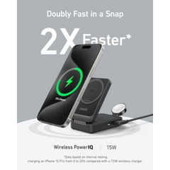 Anker MagSafe Charger, Anker MagGo 3-in-1 Wireless Charging Station, Qi2 Certified 15W Wireless Stand, Apple Watch Charger for MagSafe, For iPhone 15/14/13, AirPods (40W USB C Charger Included)