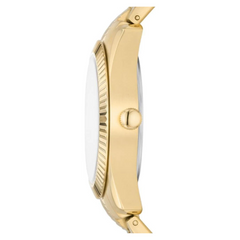 FOSSIL SCARLETTE CASUALQUARTZ/3 HAND DAY-DATE STAINLESS STEEL GOLD CASE STAINLESS STEEL BAND WOMENS WATCH - ES5206