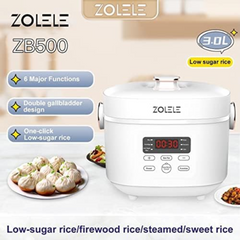 Zolele ZB500 Multifunctional Electric Rice Cooker With 3L Capacity Smart Low Sugar Rice Cooker 304 Stainless Steel Micro-Computer Button Double Inner Pot 700W Power - White