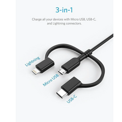 Anker Powerline II Charging Cable with Enhanced Durability USB A To 3 In 1 Sync & MiFi Certified Fast Charge For All USB A, USB C, And Micro USB Devices 3ft Black, A8436H11