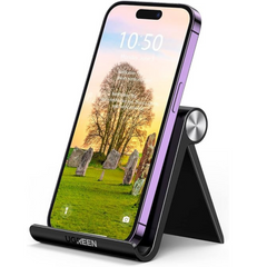 UGRREN Phone Stand【Foldable & Portable】iPhone Stand for Desk Plane Mobile Stand Adjuatble Cell Phone Stand for Office Phone Holder Desk Mount Compatible with iPhone 15/14/13/12 Galaxy S24/S23 (Black)