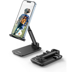 UGREEN Phone Stand, Height Adjustable Phone Holder, Aluminum Foldable iPhone Stand for Desk, Stable Mobile Stand Holder Compatible with Most Phones, iPhone 15 Pro/Pro Max, Samsung Galaxy, iPad Black