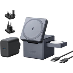 Anker 3-in-1 Cube Compatible with MagSafe, 15W Fast Charging Foldable Wireless Charger, Compatible with iPhone 15/14/13, Apple Watch 1-8/Ultra, AirPods Pro (Charger and Interchangeable Plugs Included)
