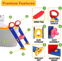 Children Toilet Ladder Potty Training Seat with Step Stool for Boys & Girls Non-Slip Waterproof Cushion, Foldable Design