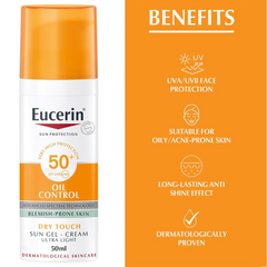 Eucerin Face Sunscreen Oil Control Gel-Cream Dry Touch, High UVA/UVB Protection, SPF 50+, Light Texture Sun Protection, Suitable Under Make-Up, For Blemish-Prone Skin, 50ml