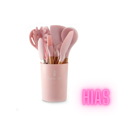 HIAS 11-piece cookware set, wooden handle bucket, pink/brown
