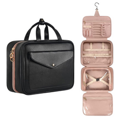 Portable cosmetic bag waterproof folding dry and wet separation large-capacity storage bag fashion PU multifunctional portable storage bag travel washing bag (black)