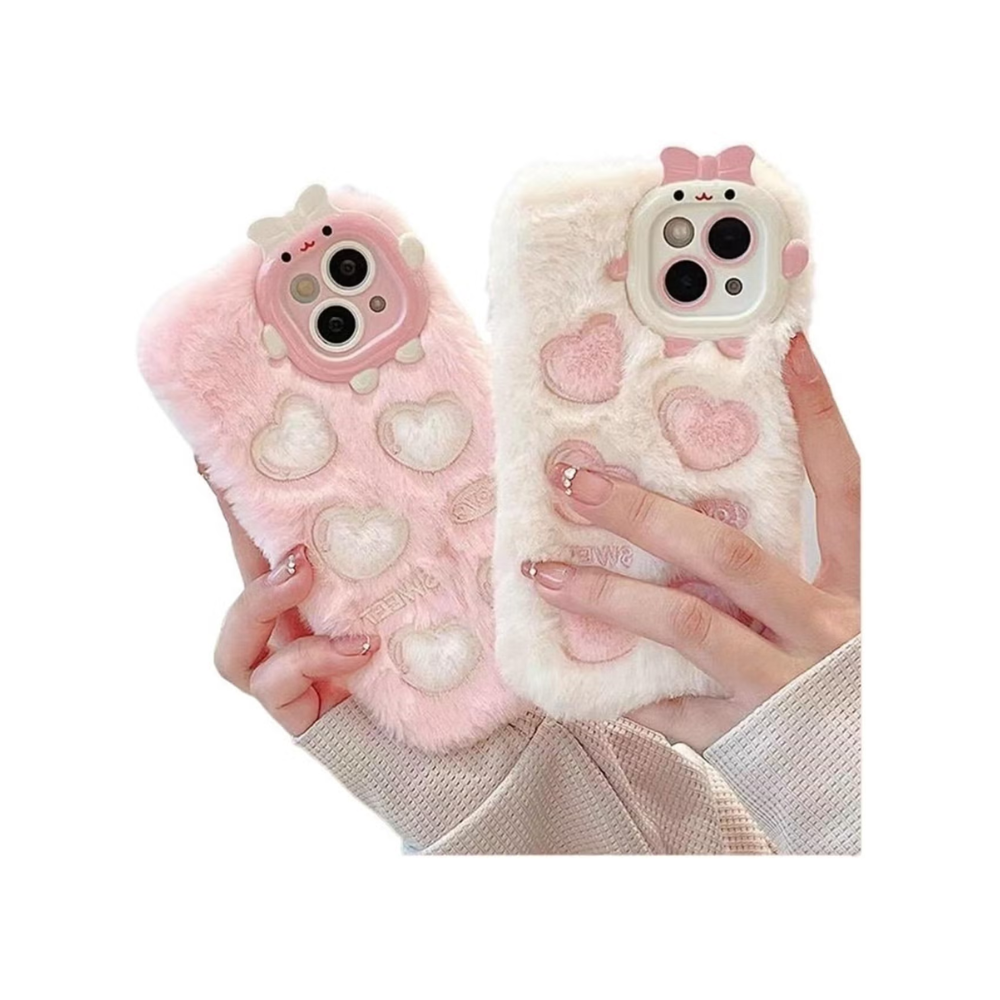Cartoon Sweet Love Lens Fluffy Fuzzy Plush Fur Case for iPhone 15 Pro Max Love Heart Winter Warm Cute Soft Cover (Color : Multicolor)