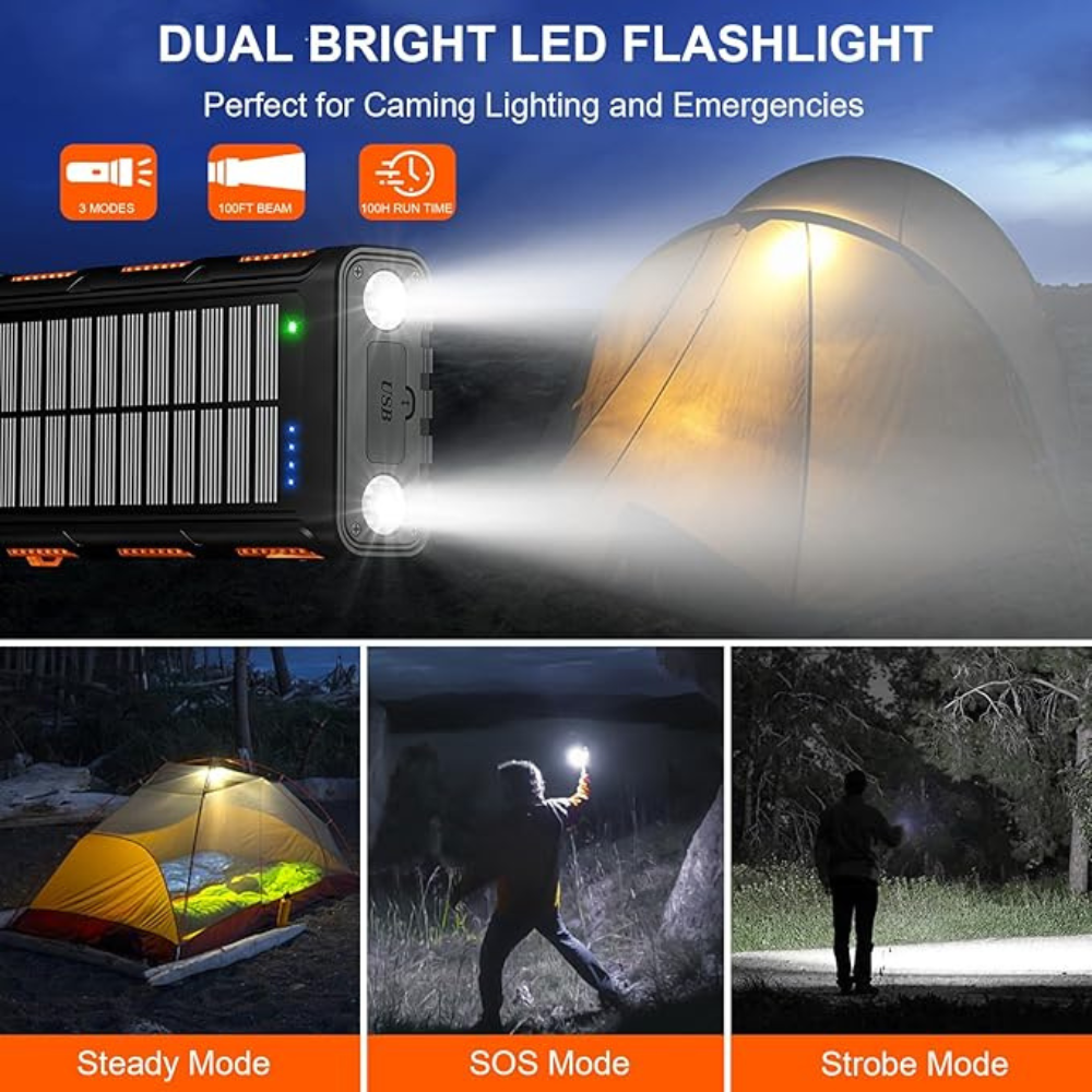 WASTDE Solar Power Bank 26800mAh with Hand Crank & 4 Cables, Wireless Power Bank USB C 15W Fast Charging, Portable Charger 7 Outputs & 4 Inputs, Built-in Dual Camping Flashlights, Compass for Outdoors