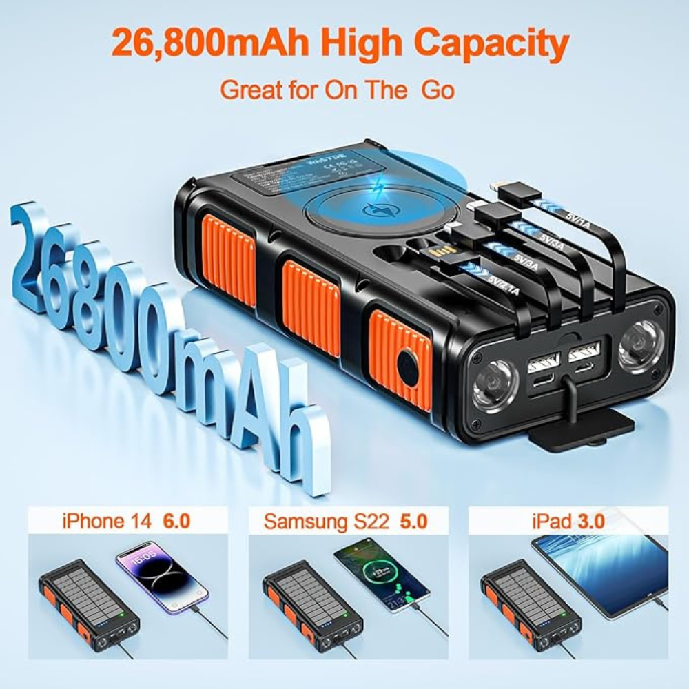 WASTDE Solar Power Bank 26800mAh with Hand Crank & 4 Cables, Wireless Power Bank USB C 15W Fast Charging, Portable Charger 7 Outputs & 4 Inputs, Built-in Dual Camping Flashlights, Compass for Outdoors