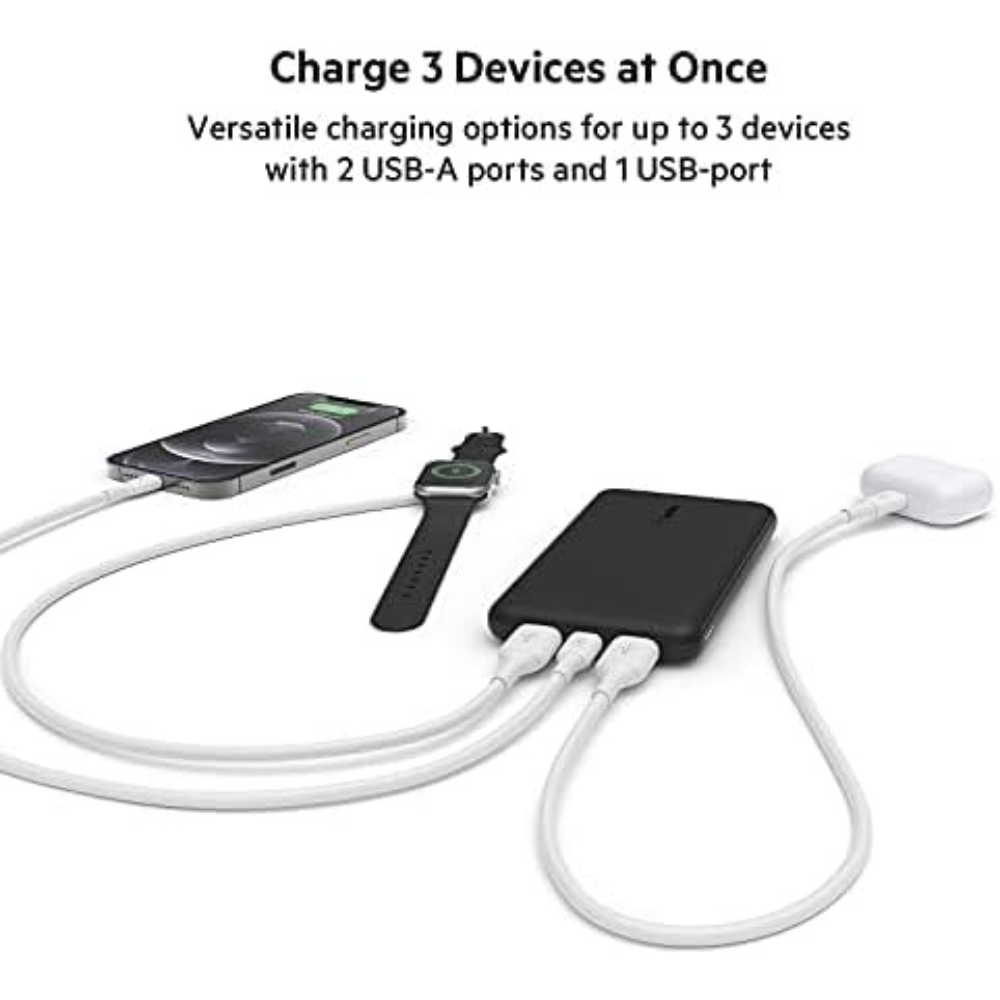Belkin 10000mAh portable power bank, 10K USB-C portable charger with 1 USB-C port and 2 USB-A ports, battery pack for up to 15W charging for iPhone, Samsung Galaxy, AirPods, iPad, and more – Black