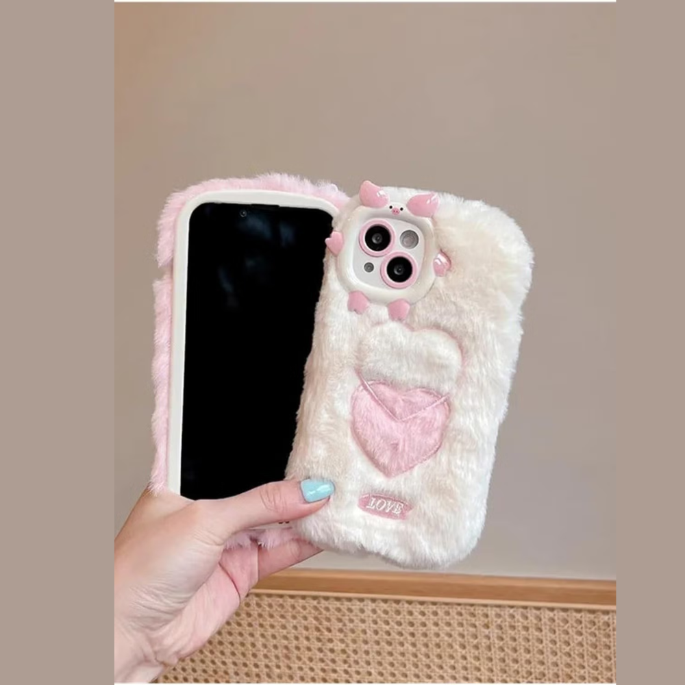 Cartoon Sweet Love Lens Fluffy Fuzzy Plush Fur Case for iPhone 15 Pro Max Love Heart Winter Warm Cute Soft Cover (Color : Multicolor)