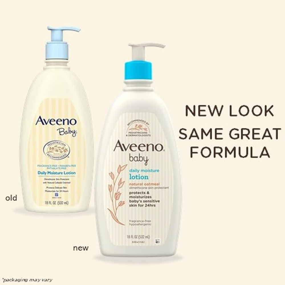 Aveeno Baby Daily Moisture Moisturizing Lotion for Delicate Skin with Natural Colloidal Oatmeal & Dimethicone, Hypoallergenic, Fragrance-, Phthalate- & Paraben-Free, 18 fl. oz (Package may vary)