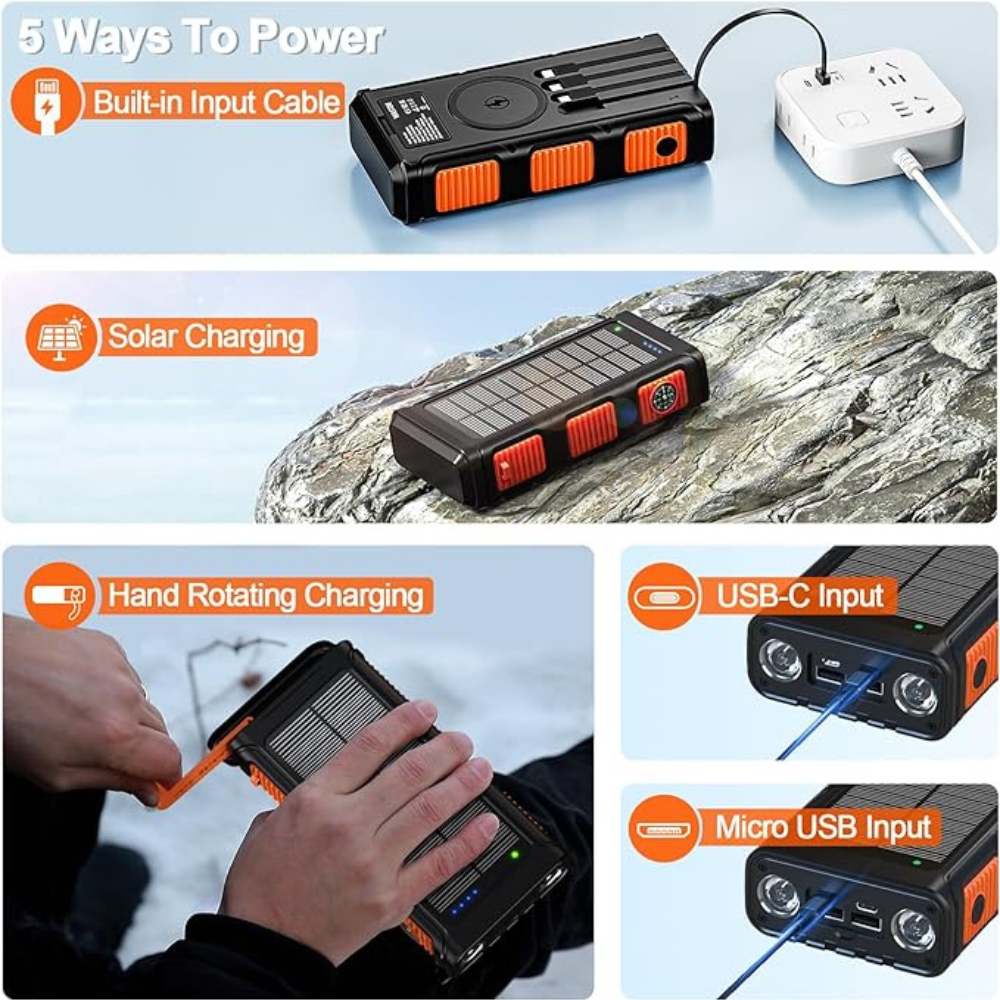 WASTDE Solar Power Bank 26800mAh with Hand Crank & 4 Cables, Wireless Power Bank USB C 15W Fast Charging, Portable Charger 7 Outputs & 4 Inputs, Built-in Dual Camping Flashlights, Compass for Outdoors