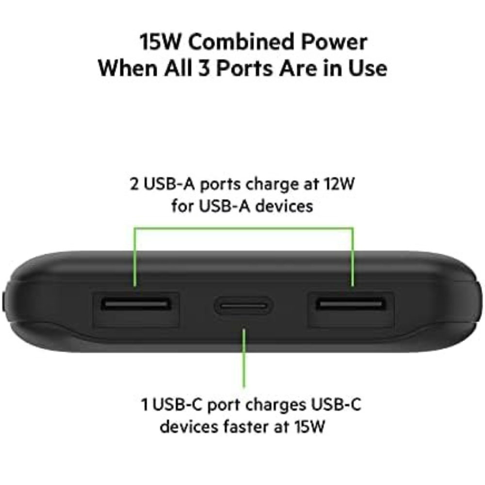 Belkin 10000mAh portable power bank, 10K USB-C portable charger with 1 USB-C port and 2 USB-A ports, battery pack for up to 15W charging for iPhone, Samsung Galaxy, AirPods, iPad, and more – Black