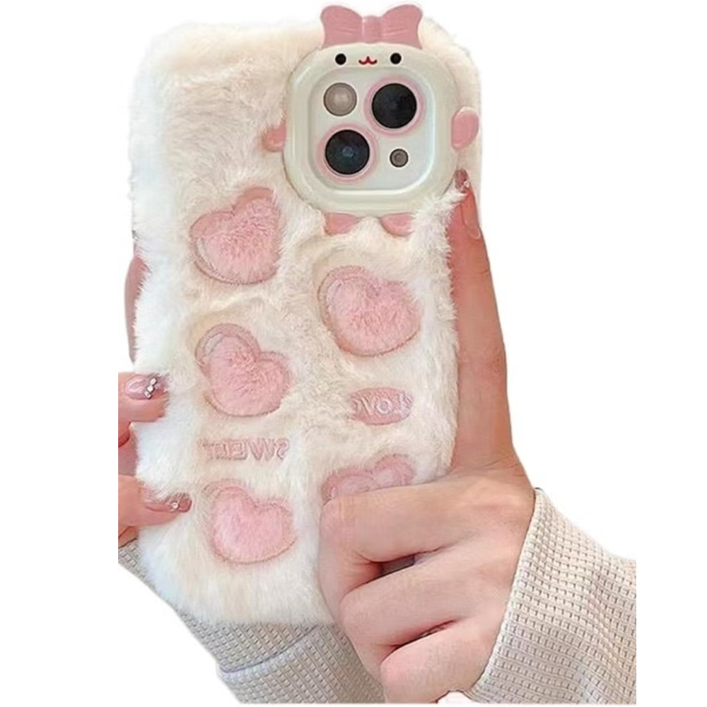 Cartoon Sweet Love Lens Fluffy Fuzzy Plush Fur Case for iPhone 15 Pro Max Love Heart Winter Warm Cute Soft Cover (Color : Multicolor)