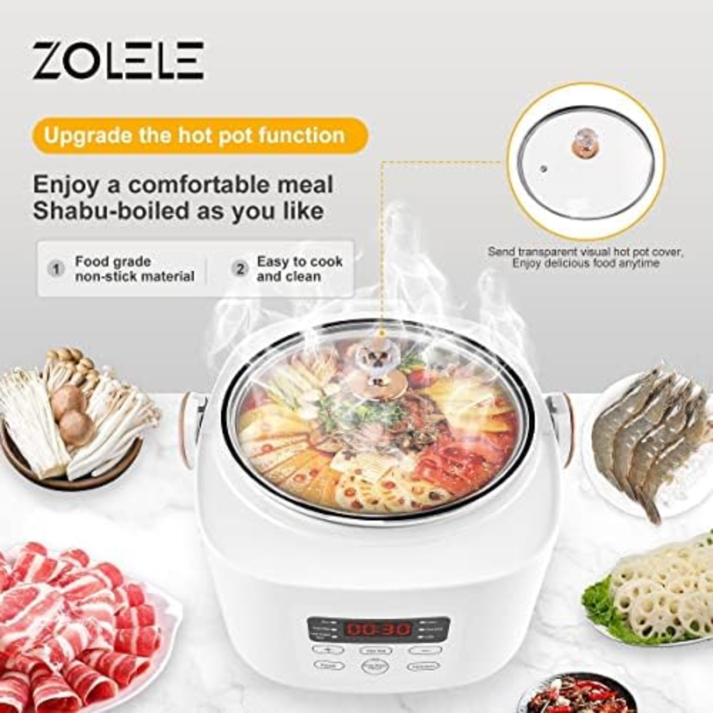 Zolele ZB500 Multifunctional Electric Rice Cooker With 3L Capacity Smart Low Sugar Rice Cooker 304 Stainless Steel Micro-Computer Button Double Inner Pot 700W Power - White
