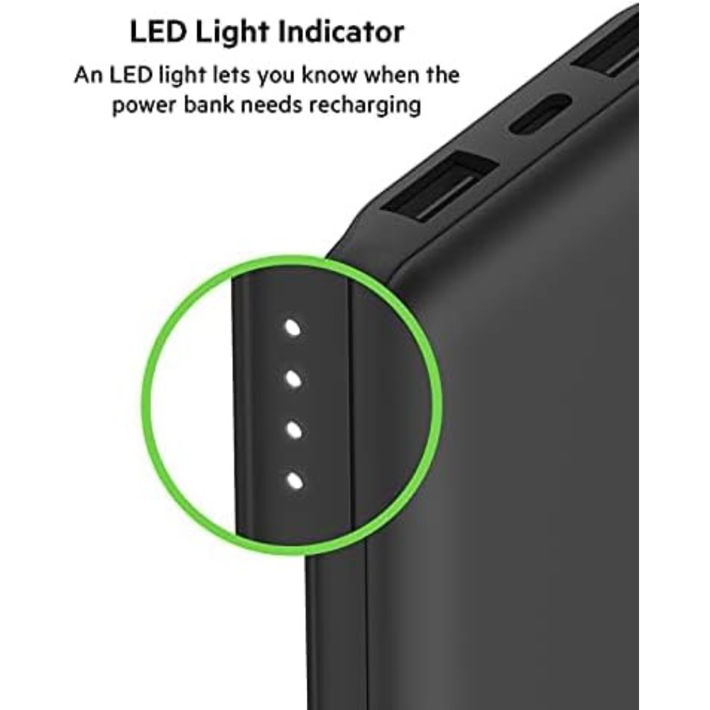 Belkin 10000mAh portable power bank, 10K USB-C portable charger with 1 USB-C port and 2 USB-A ports, battery pack for up to 15W charging for iPhone, Samsung Galaxy, AirPods, iPad, and more – Black