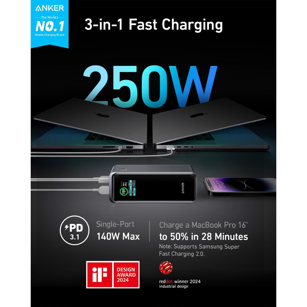 Anker Prime Power Bank, 27,650mAh 3-Port 250W Portable Charger (99.54Wh) Smart App, Compatible with MacBook Pro/Air, iPhone 15/14/13 Series, Samsung, Dell, and More (Charging Base Not Included)