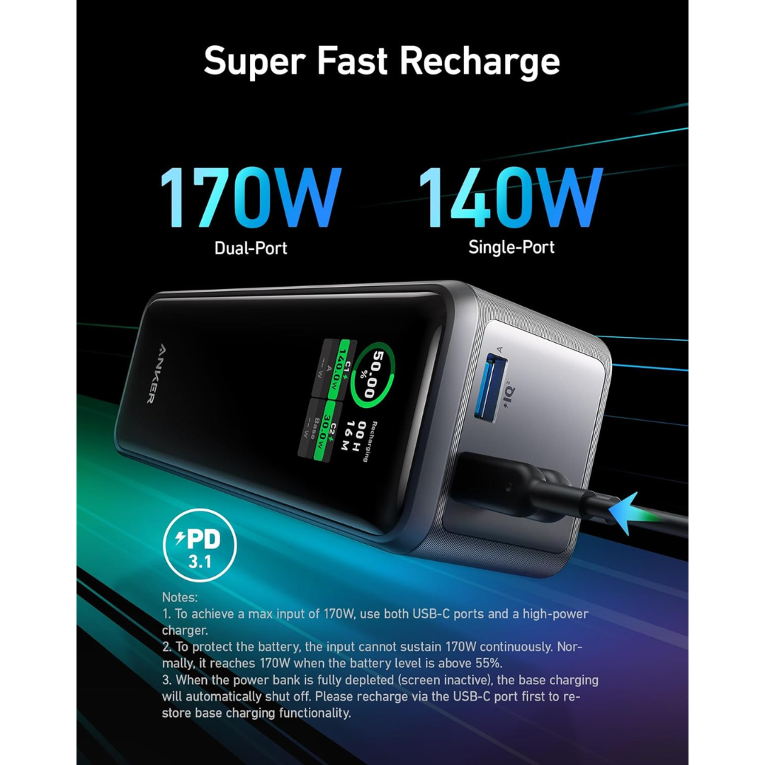 Anker Prime Power Bank, 27,650mAh 3-Port 250W Portable Charger (99.54Wh) Smart App, Compatible with MacBook Pro/Air, iPhone 15/14/13 Series, Samsung, Dell, and More (Charging Base Not Included)
