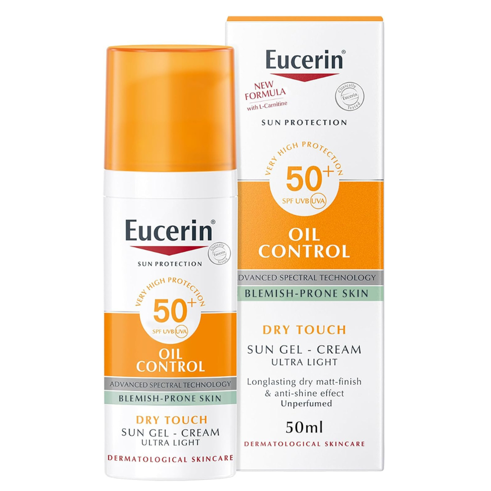 Eucerin Face Sunscreen Oil Control Gel-Cream Dry Touch, High UVA/UVB Protection, SPF 50+, Light Texture Sun Protection, Suitable Under Make-Up, For Blemish-Prone Skin, 50ml